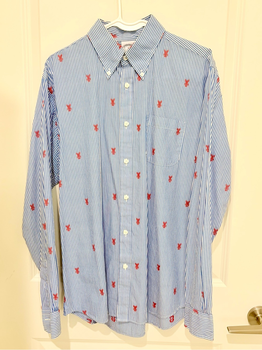 Brooks Brothers Regent Fit Blue and White Striped Shirt with Red Motif